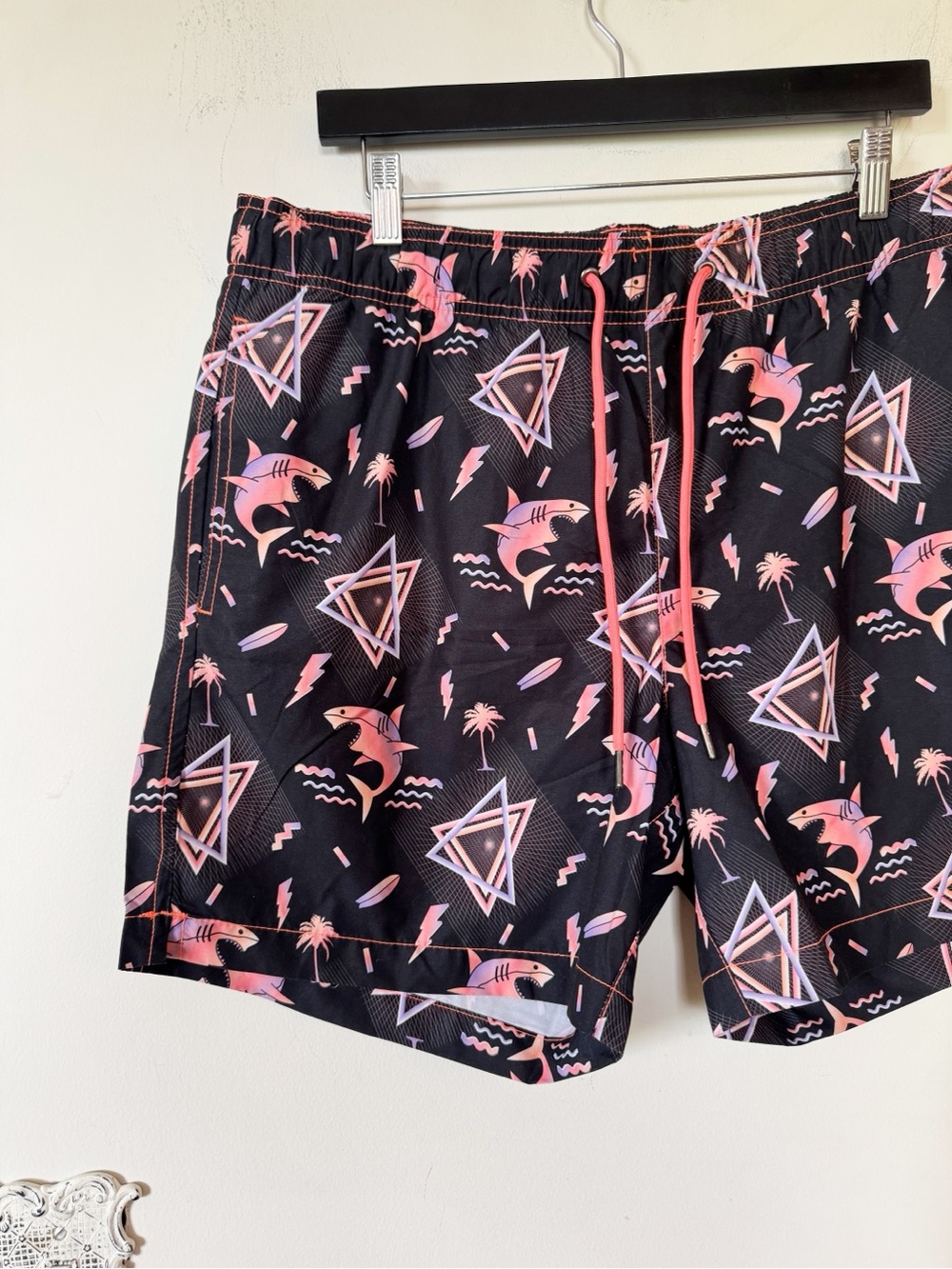 Party Sharks Neon 80s Shark Retro Surf Swim Trunks XL - Picture 2 of 7